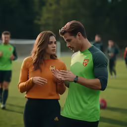 a couple of young people standing on top of a grass field