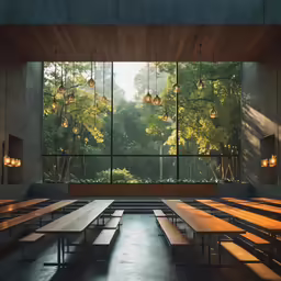 two tables sit inside of an empty library with a large window looking out onto a wooded area