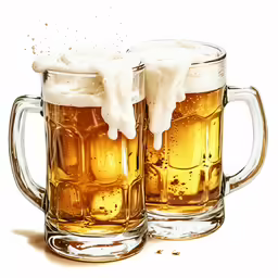 two beer mugs filled with white liquid