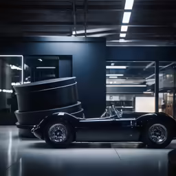a vintage race car is in an empty room