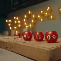 five red round numbers sitting on top of a piece of wood