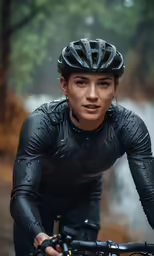 a woman wearing a helmet is riding her bike