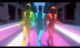 three young women in bright colored outfits walking down the street
