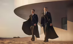 two men in suits are standing on the beach