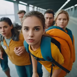 people with backpacks in an indoor space