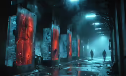a sci - fi scene of people in an industrial building