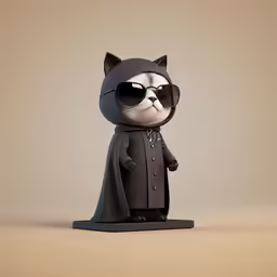 cat toy wearing a cape, sunglasses and a coat