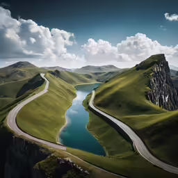 winding road next to a small lake surrounded by mountains