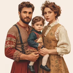 man and woman in renaissance dress holding a child