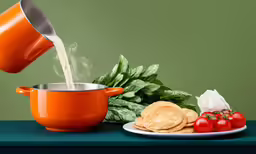 a pot with milk is pouring into a dish full of crackers, and tomatoes are beside the bowl and basil are on the table