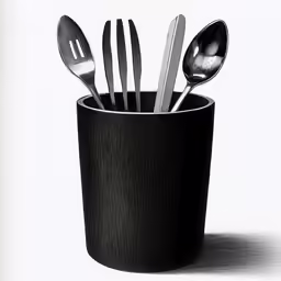 black cups that have spoons and forks inside