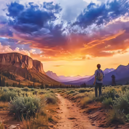 a man is looking out over a valley at sunset