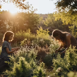 two women kneeling down in some plants and bushes