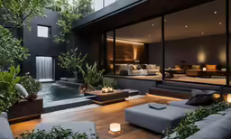 the modern house has a small pool and garden area