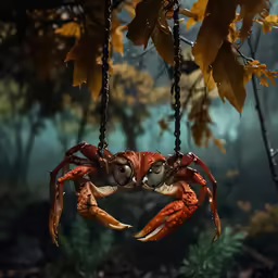 crab shaped plastic animals hang from chains on a tree