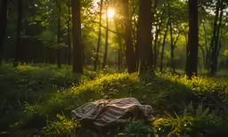 the sun shining through trees in the woods with a blanket on the grass