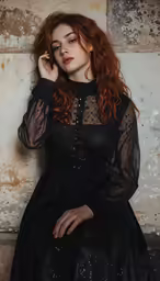a beautiful young woman with red hair sitting on a ledge