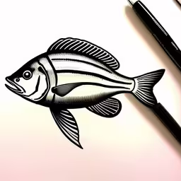 pencil and ink on paper with drawing of fish,the fish is drawn on the paper and next to two markers,a fish is drawn on a paper with some crayon pencils,the drawing of a fish is on a sheet,a picture of some type of fish on a piece of paper