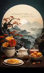 tea and fruit are on a table with a chinese painting