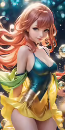 a woman wearing yellow and blue dress next to bubbles
