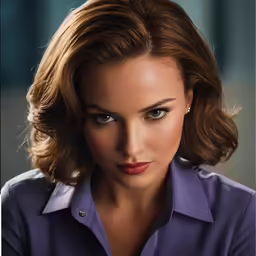 a beautiful woman in a blue shirt posing for the camera