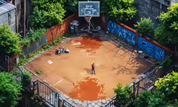 a person on a dirt field near a court
