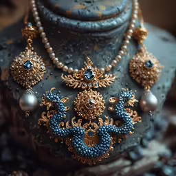 a necklace with blue beads and jewelry on top of a marble stand