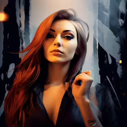a painting of a woman posing with the dark color,a digital painting of a woman with red hair