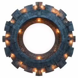 an odd circle made out of many square bricks with lit candles on them