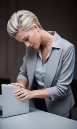a beautiful blond woman leaning against a laptop computer