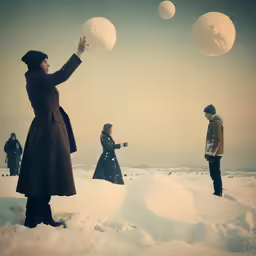a woman in a long coat with three large balls floating above her