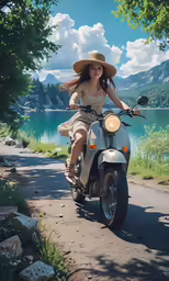 the woman is sitting on the motor bike
