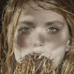 an image of a girl covered in frecks of straw
