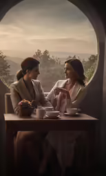 two women are having tea outdoors, one is looking to the right and the other is holding something in her hand
