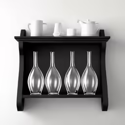 four small vases and a pitcher on a shelf