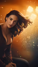 a woman posing in front of lights, with her hair flowing