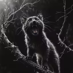 a little black cat sits in the branch and yawns
