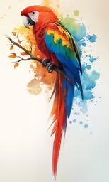 parrot perched on top of a branch with splots of paint