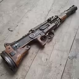 an automatic gun laying on the floor and attached to a clipping board
