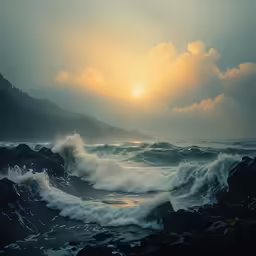 the sun set over the sea waves crashing against the rocks