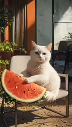 the cat is sitting on a chair and is holding a watermelon slice