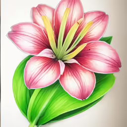a painting of a single pink lily with green leaves