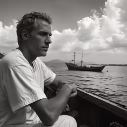 man in white shirt on wooden boat next to body of water