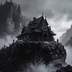 the house on top of the mountain is surrounded by fog