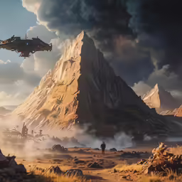 a man walking towards a giant mountain under a cloudy sky