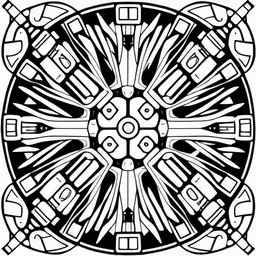 a circular object with different shapes and lines,an abstract drawing with lines, shapes, and dots