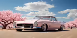 a pink and black classic car sitting on top of a dirt road