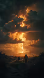 two people walk down a dirt path under clouds
