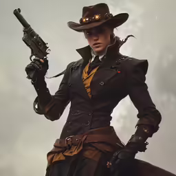 a woman dressed in brown holds a gun