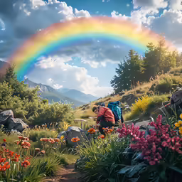 two people picking up flowers and a rainbow in the background